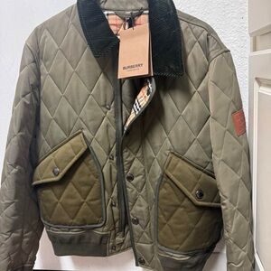 Burberry Men's Quilted Khaki Jacket with Dark Green Accents